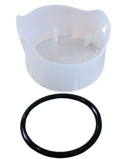 Transparente Kappe von Bosch mit einer schwarzen Dichtung. Die Kappe hat eine offene Oberseite und zwei Halterillen im Inneren. Ideal für verschiedene Anwendungen.